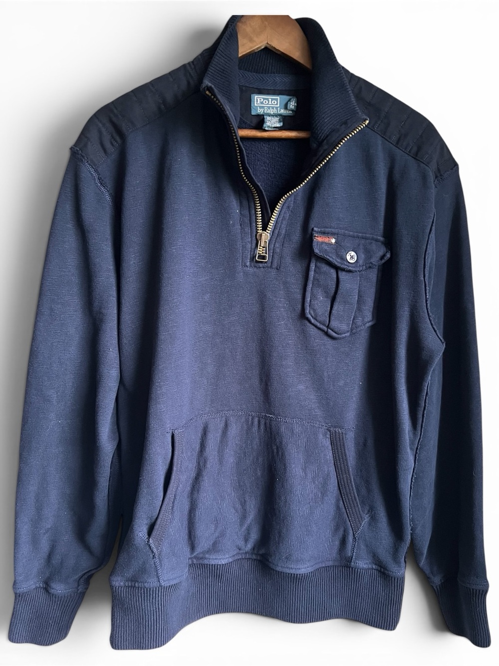 Polo Ralph Lauren Sweater Mens XL Blue Naval Coastal Rescue 1/4 Zip Elbow Patch